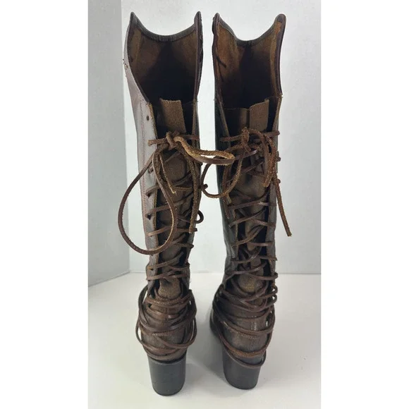 *Flawed Freebird Coal Boots Distressed Leather Tall Lace Up Western Festival 8 - Picture 2 of 16